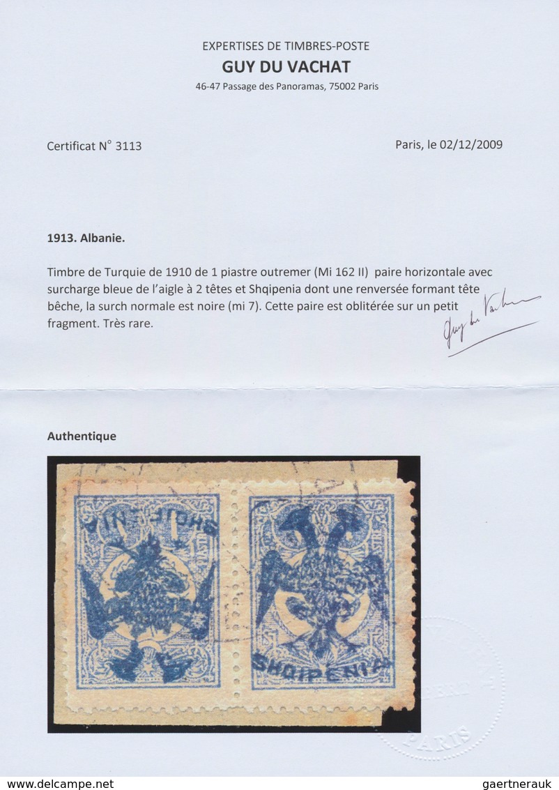 13319 Albanien: 1913. Téte Bêche Pair On Piece Blue Turkish 1 Piaster Stamp Of The Mohamed V Issue, Overpr - Albanien