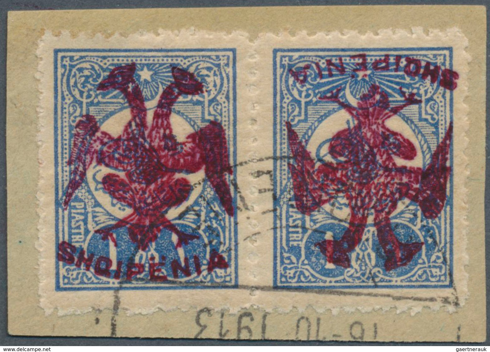 13320 Albanien: 1913. Téte Bêche Pair On Piece Blue Turkish 1 Piaster Stamp Of The Mohamed V Issue, Overpr - Albanien