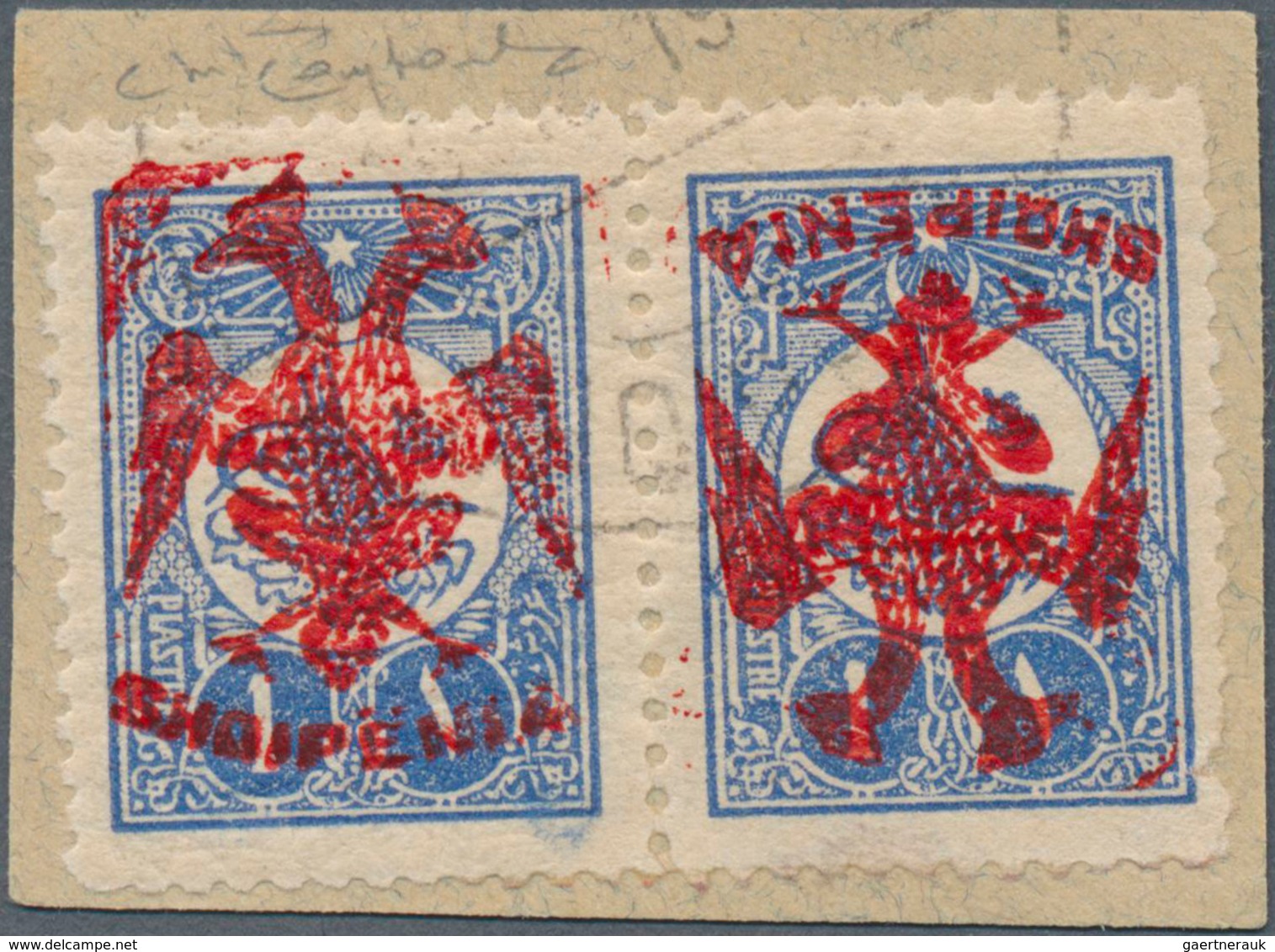 13321 Albanien: Albania, 1913, 1 Piaster Blue Of Turkey Pair With RED (instead Of Normal Black) Handstamp - Albanien