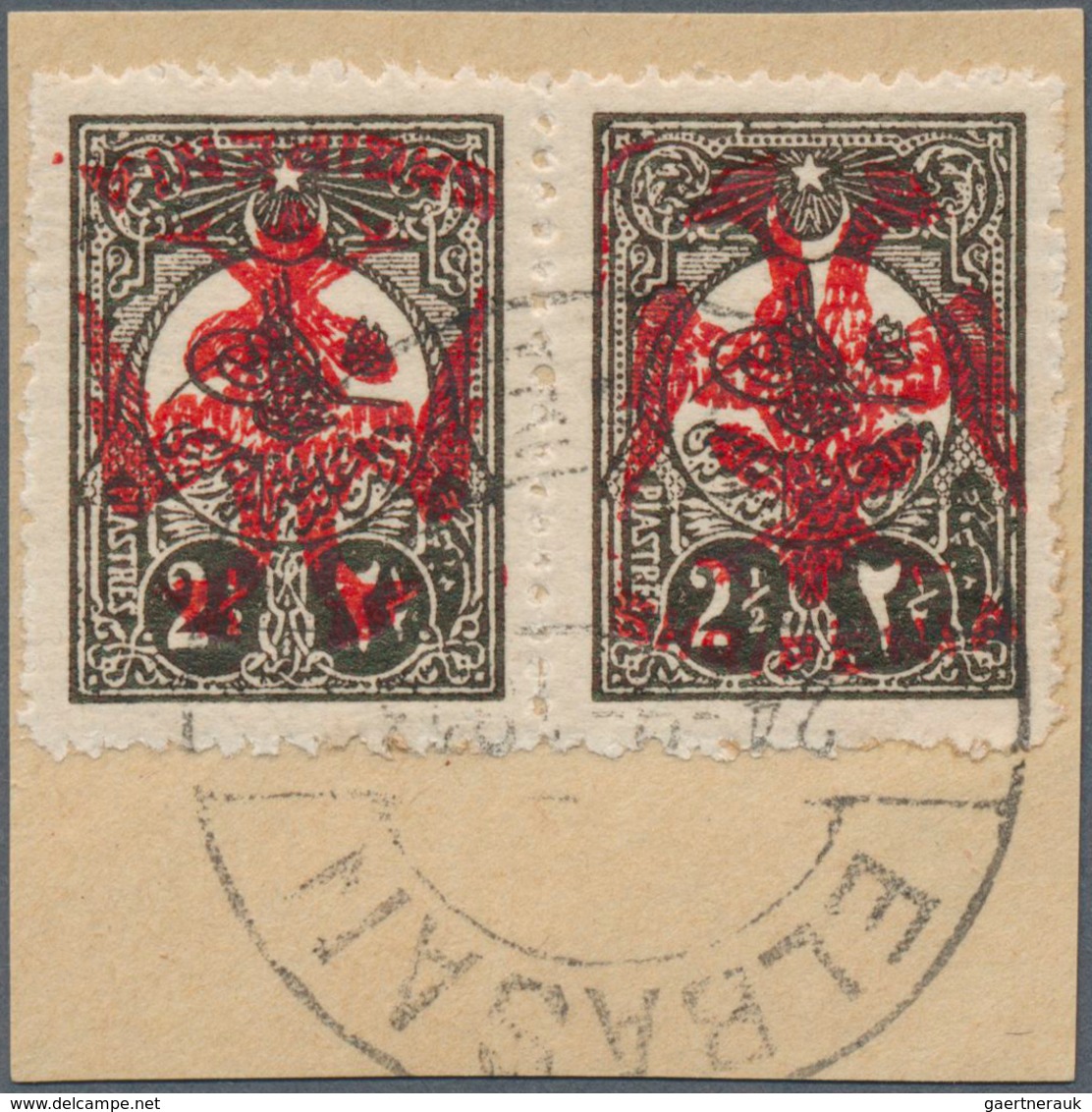 13324 Albanien: Albania, 1913, 2 1/2 Piaster Dark Brown Of Turkey Pair With RED (instead Of Normal Black) - Albanien