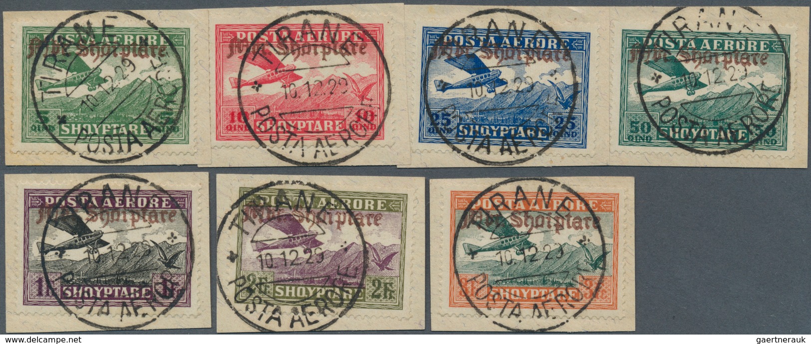 13330 Albanien: 1929, 5 Q. To 3 Fr., Compl. Overprint Set (7 Issues) Canceled On Pieces, The Fr. Values Si - Albanien