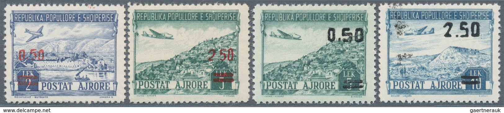 13334 Albanien: 1952, Airmail Stamp 2 Lek And 5 Lek With Red Overprint As Well As 5 Lek And 10 Lek With Bl - Albanien