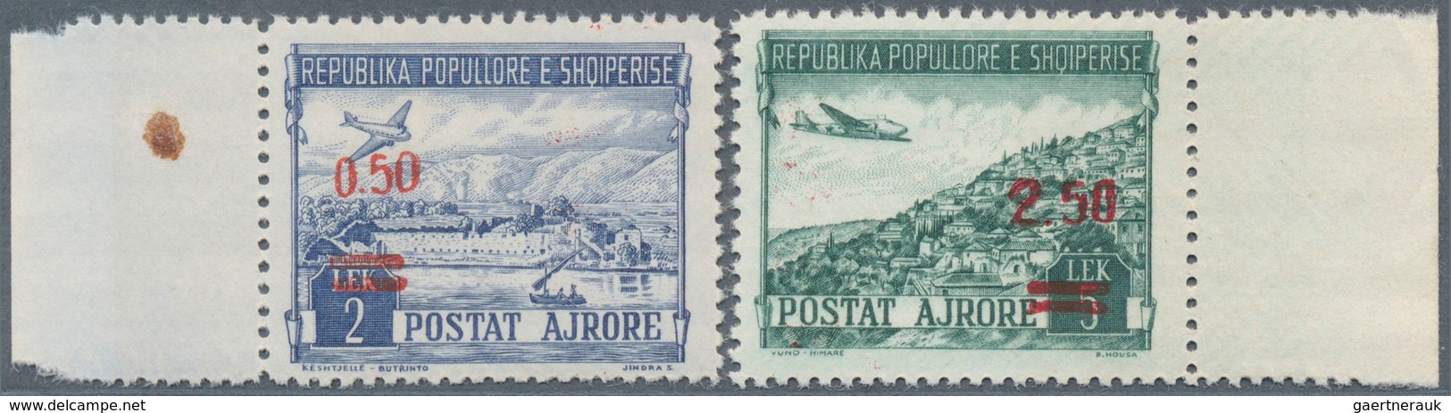 13337 Albanien: 1952, Airmail Stamp 2 Lek And 5 Lek With Red Overprint, Always Mint Never Hinged, (Mi?550, - Albanie