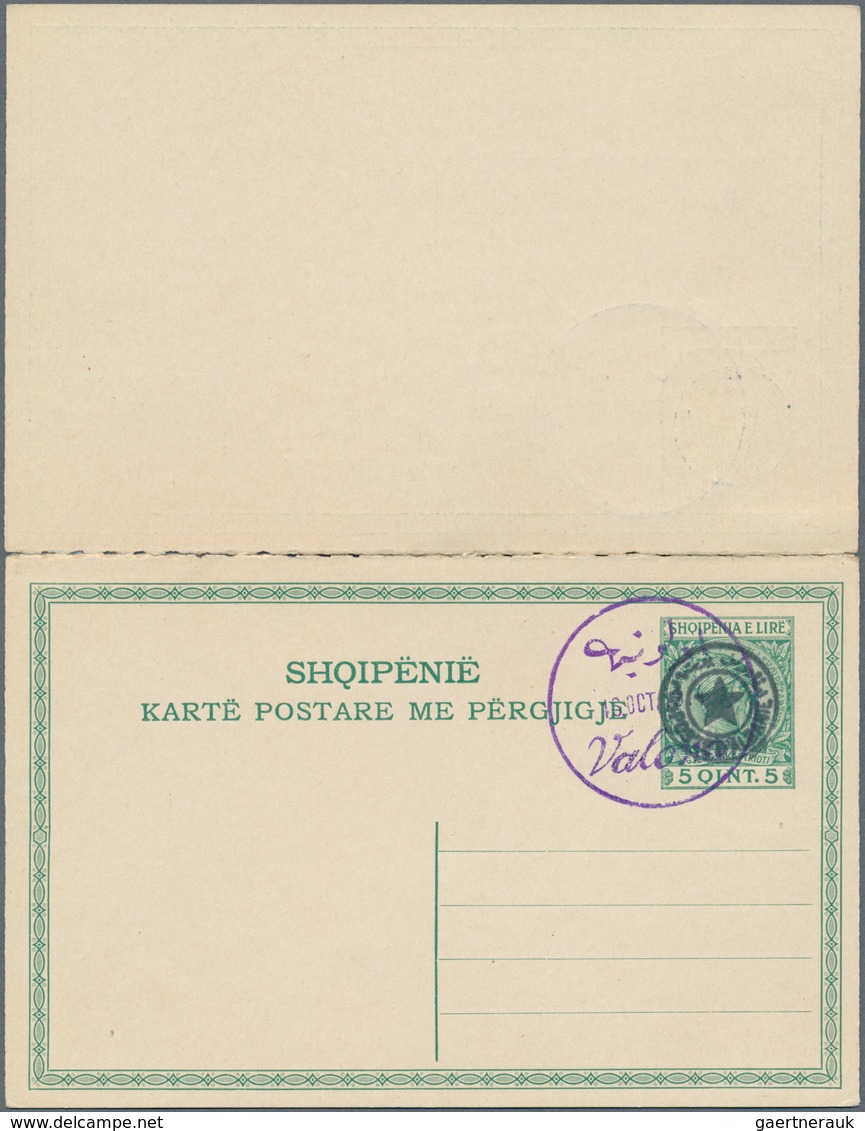 13346 Albanien - Lokalausgaben: 1914, VALONA: 5 Q. Green Postal Stationery Reply Card, Answer And Question - Albanie