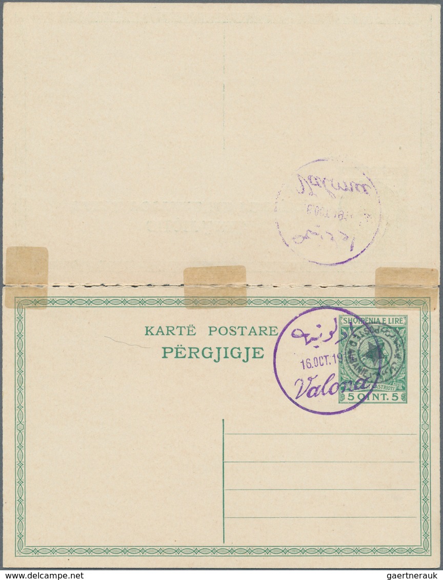 13346 Albanien - Lokalausgaben: 1914, VALONA: 5 Q. Green Postal Stationery Reply Card, Answer And Question - Albanien