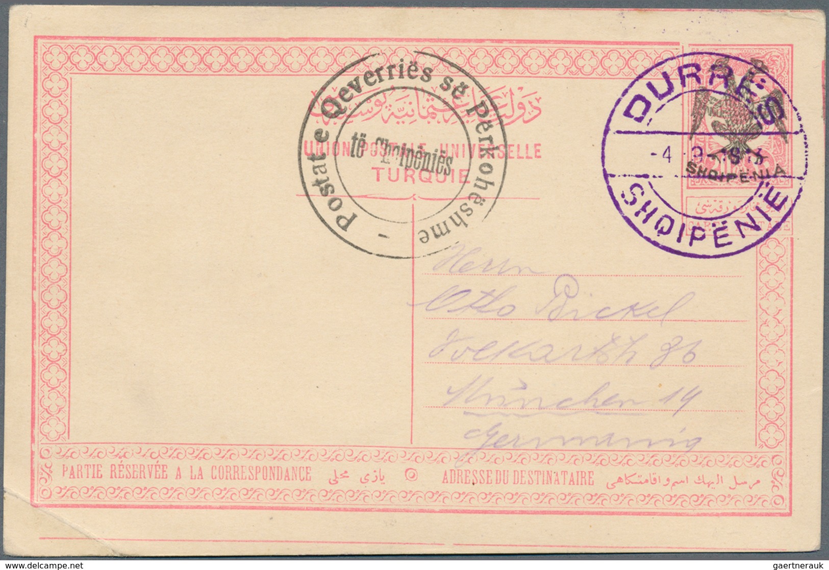 13350 Albanien - Ganzsachen: 1913, 20 Pa Red On Buff Postal Stationery Card With Black Ovp SHQIPENIA And E - Albanie