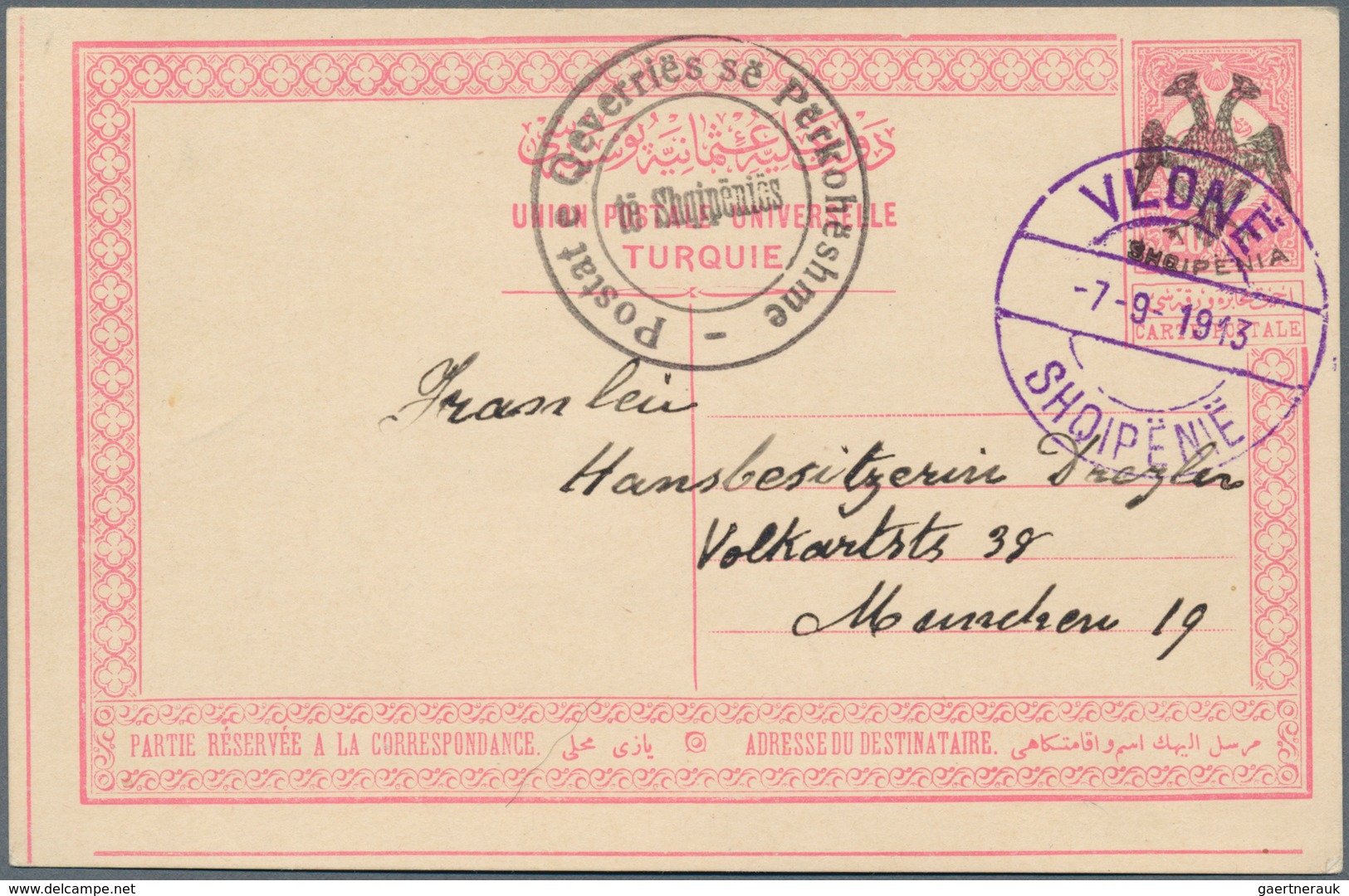 13351 Albanien - Ganzsachen: 1913, 20 Pa Red On Buff Postal Stationery Card With Black Ovp SHQIPENIA And E - Albanie