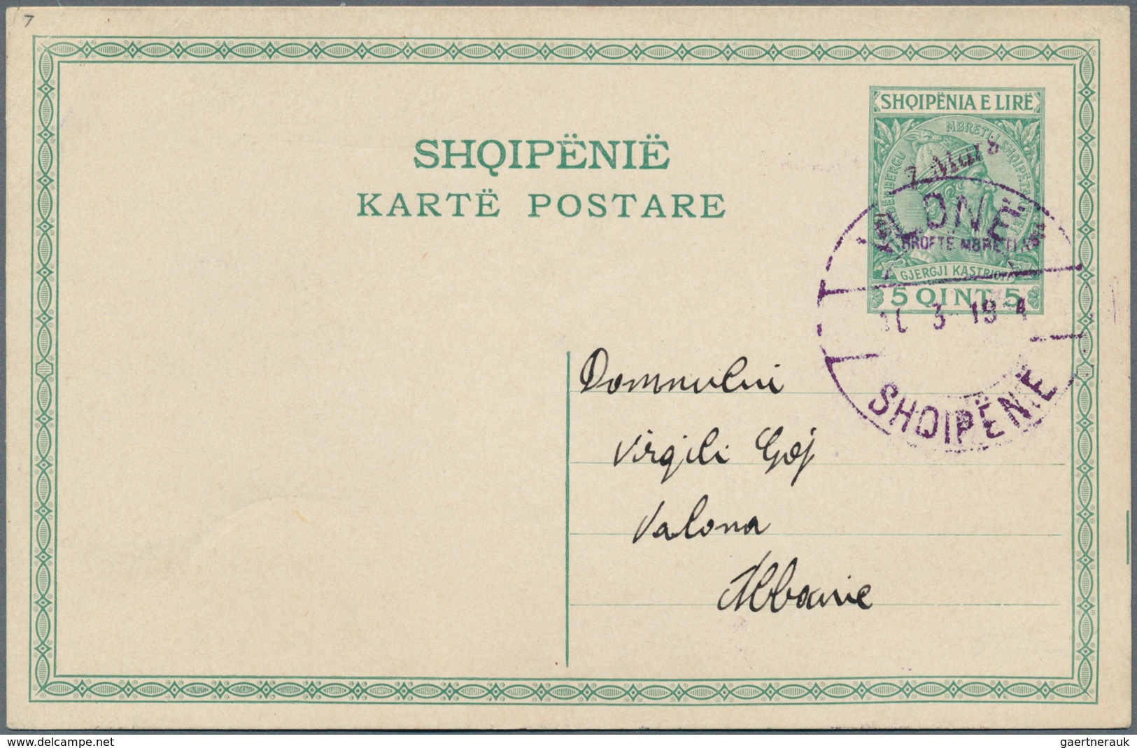 13352 Albanien - Ganzsachen: 1914, 5 Q. Green Postal Stationery Card With Ovp "7.Mars / 1491 RROFTE MBRETI - Albanien