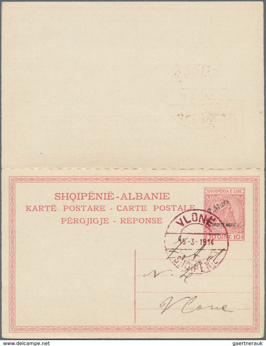 13355 Albanien - Ganzsachen: 1914, 10 / 10 Q. Red Postal Stationery Reply Card With Attached Reply Part, O - Albanie