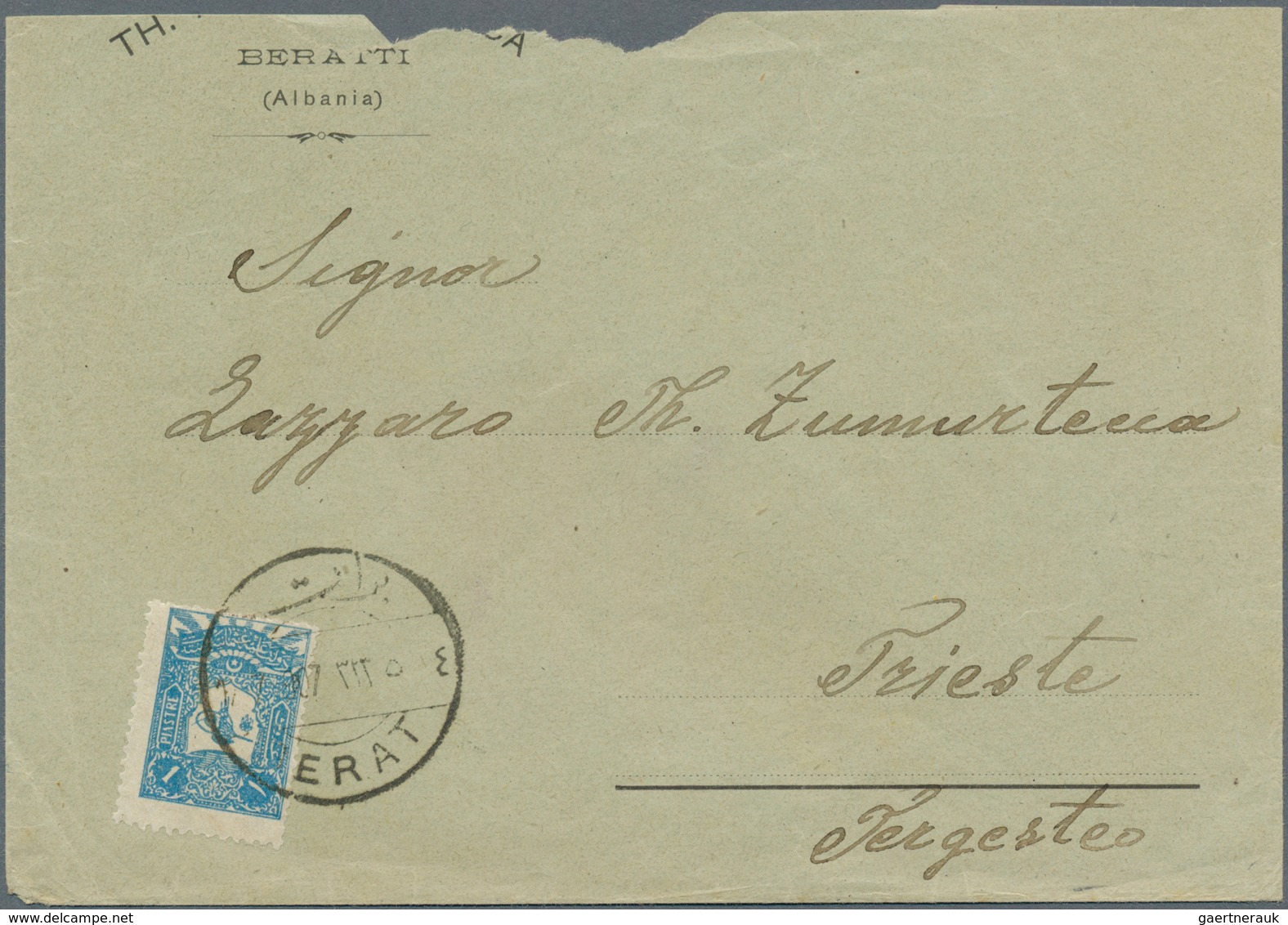 13358 Albanien - Stempel: 1907, Ottoman Empire, 1 Pia Blue, Tied By Bilingual Dater BERAT, 17.7.07, Single - Albanie