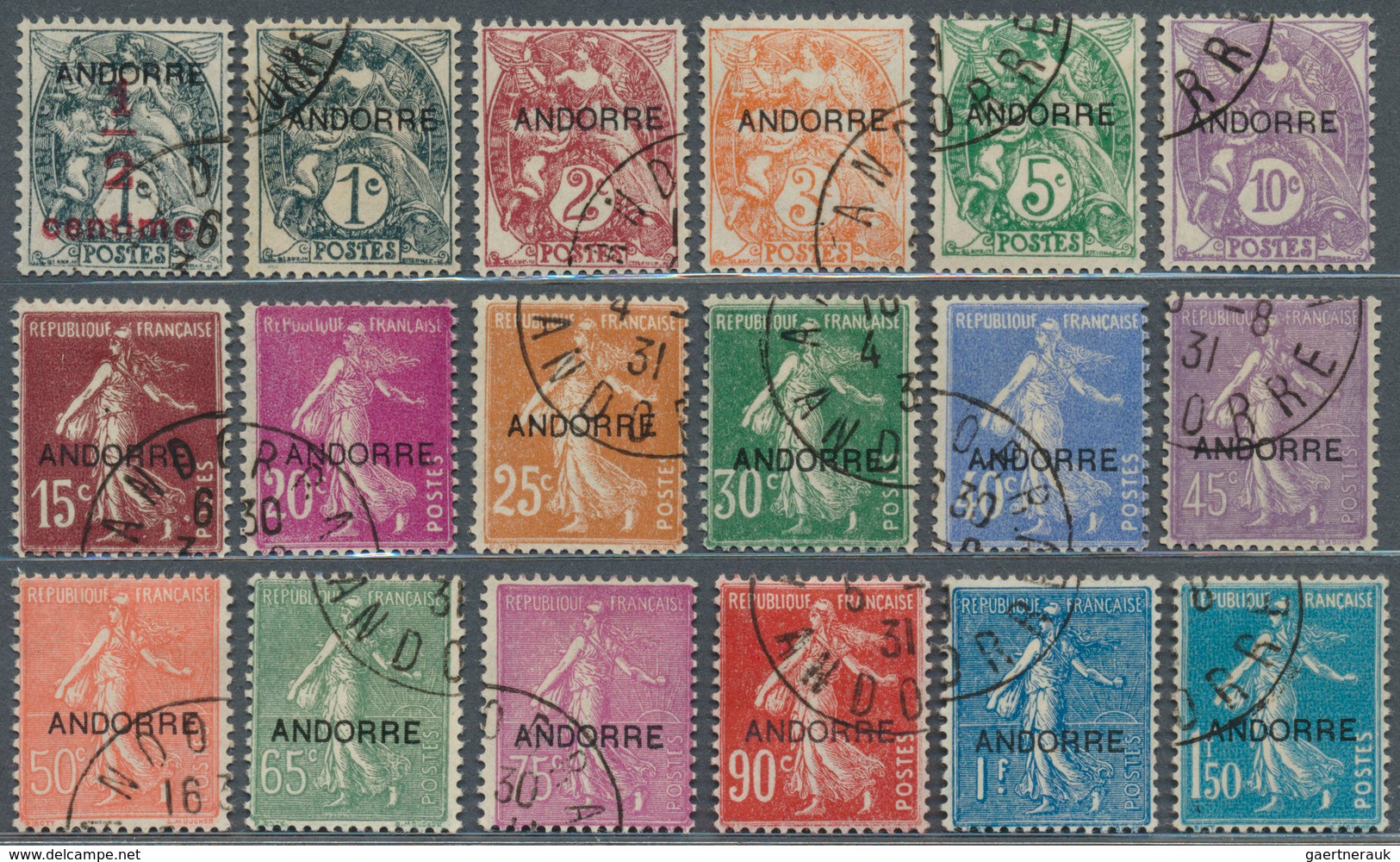 13360 Andorra - Französische Post: 1931, ½ C. To 20 Fr., Complete Set Of 23 Overprint Issues Used In Perfe - Sonstige & Ohne Zuordnung