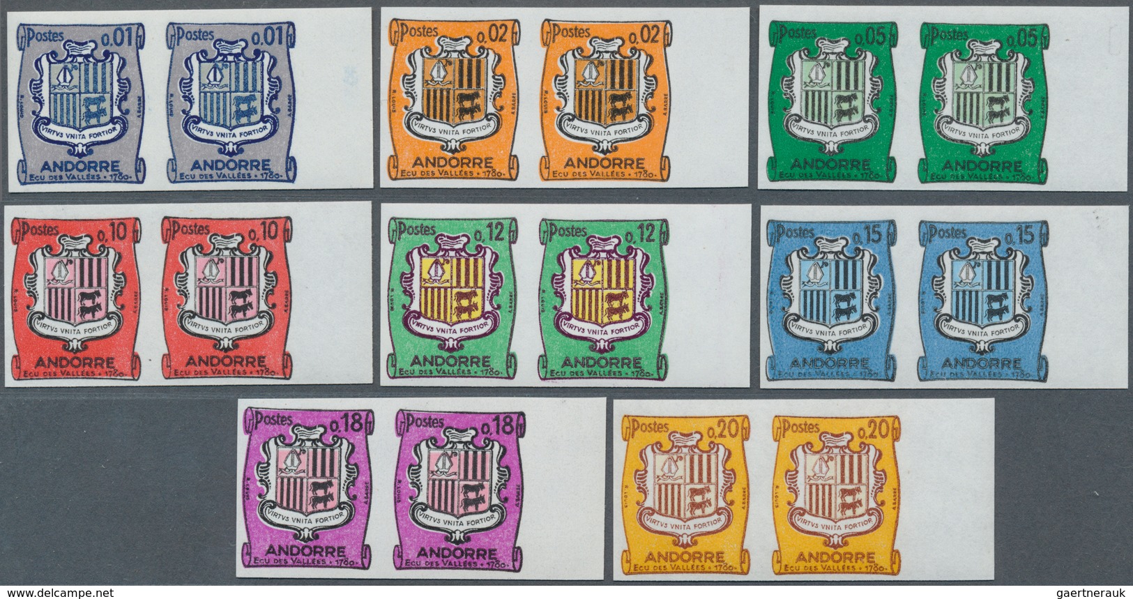 13361 Andorra - Französische Post: 1961/1964, Definitives "Coat Of Arms", Imperforate Marginal Horiz. Pair - Sonstige & Ohne Zuordnung