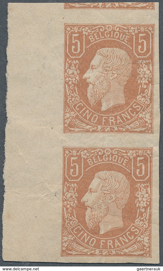 13372 Belgien: 1869, King Leopold II. 5 Fr. Yellow-brown, Imperforated Vertical Proof Pair With Sheet Marg - Sonstige & Ohne Zuordnung