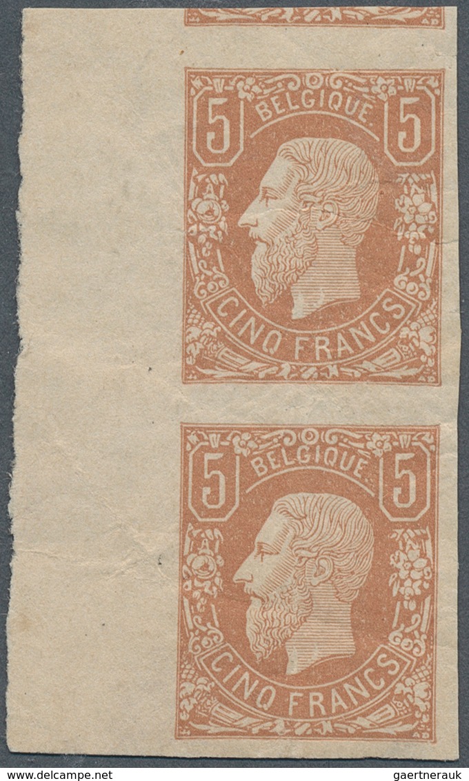 13372 Belgien: 1869, King Leopold II. 5 Fr. Yellow-brown, Imperforated Vertical Proof Pair With Sheet Marg - Autres & Non Classés