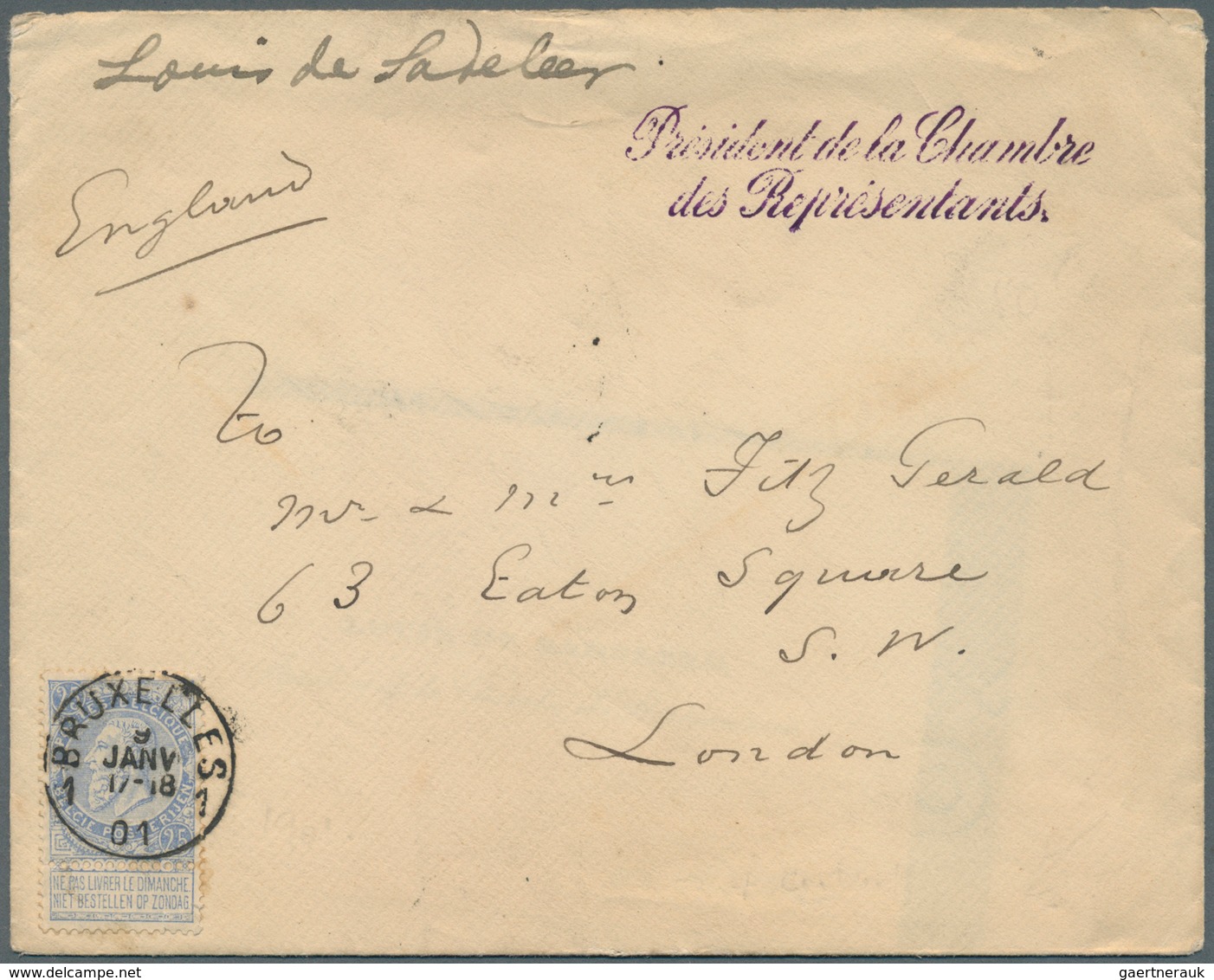 13379 Belgien: 1901, 25 C Blue, Tied By BRUXELLES, 9 JANV 01, Single Franking On Official Cover "Chambre D - Autres & Non Classés