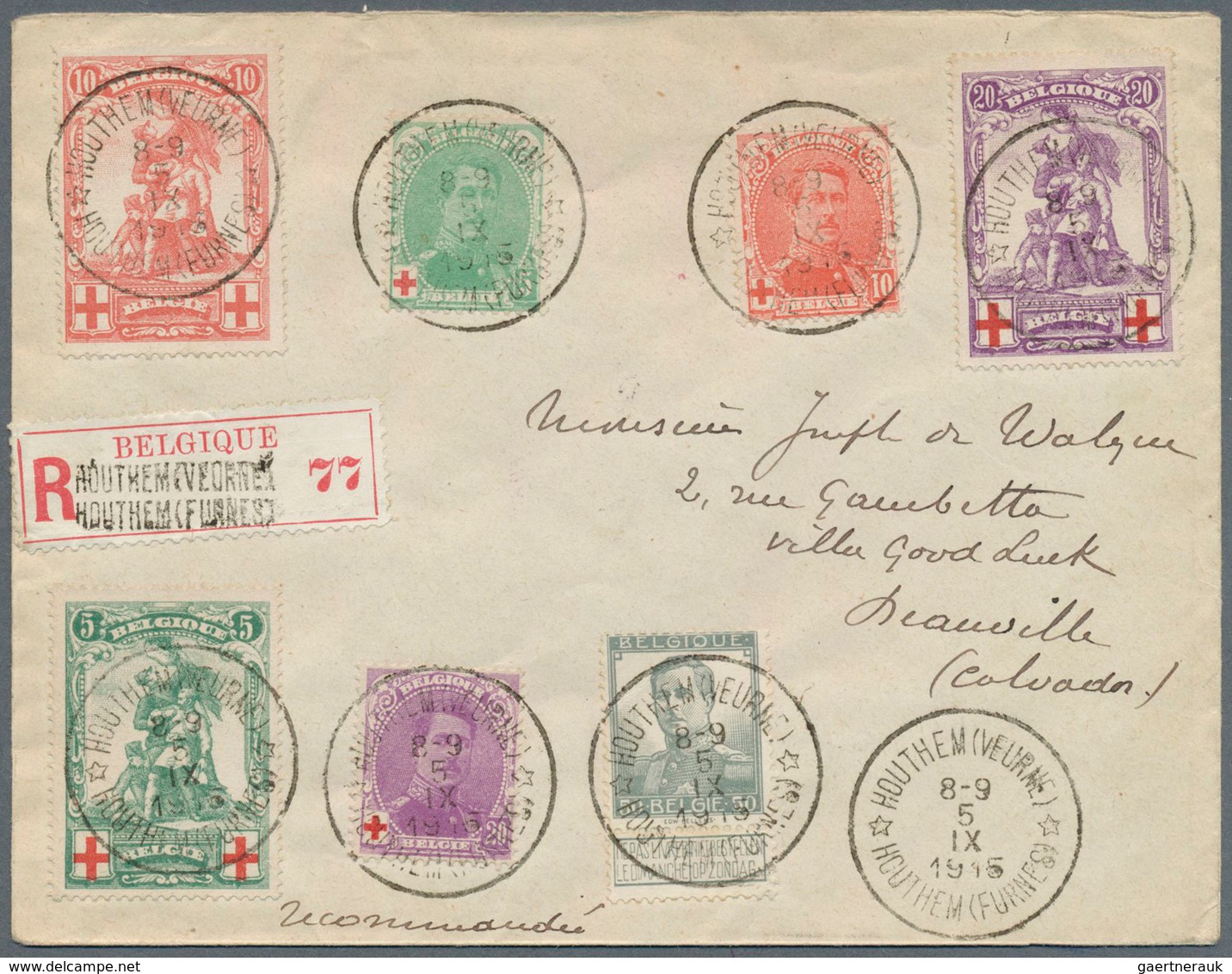 13380 Belgien: 1915. Registered Letter With Both 1914 RED CROSS Issues And Additional Franking From "Houth - Sonstige & Ohne Zuordnung