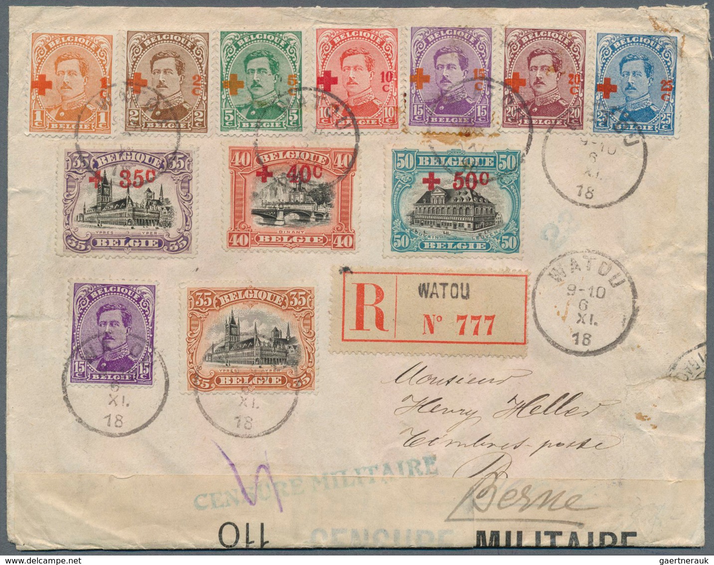 13384 Belgien: 1918. Registered Letter With Overprint RED CROSS Issue (1c To50c) And Additional Franking F - Sonstige & Ohne Zuordnung