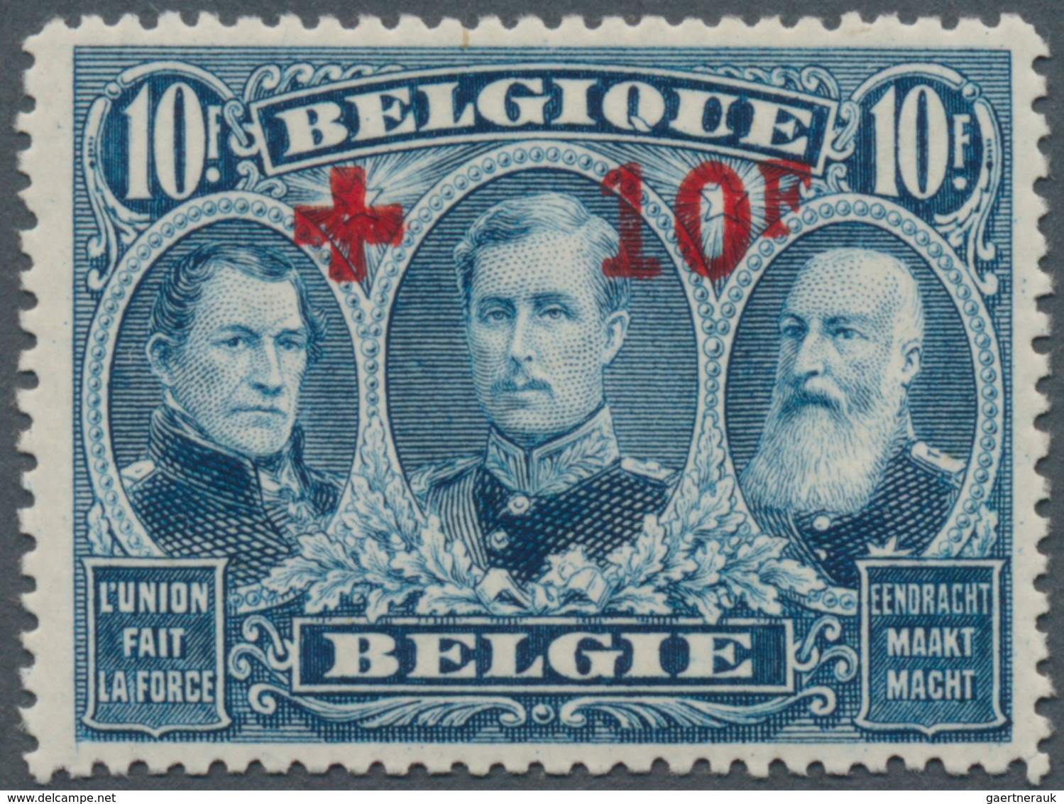 13385 Belgien: 1918, ROTES KREUZ 10 Fr. Auf 10 Fr. Postfrisch, Fotoattest (1999) Pierre Kaiser, Zentrierte - Sonstige & Ohne Zuordnung