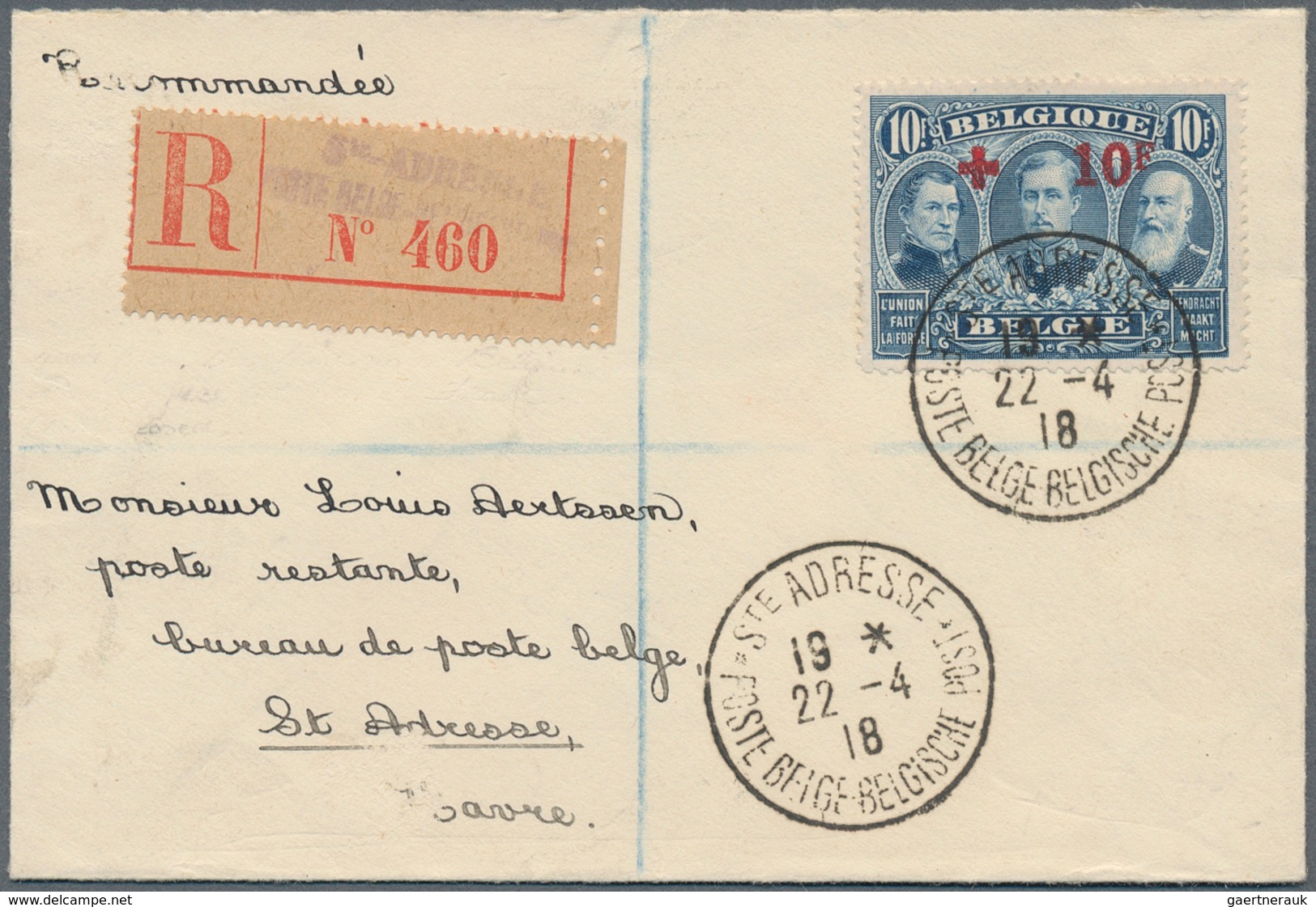 13386 Belgien: 1918, Außergewöhnlich Schöner Kleinformatiger Luxus-R-Brief Mit EF 10+10 Fr. Rotes Kreuz, F - Autres & Non Classés
