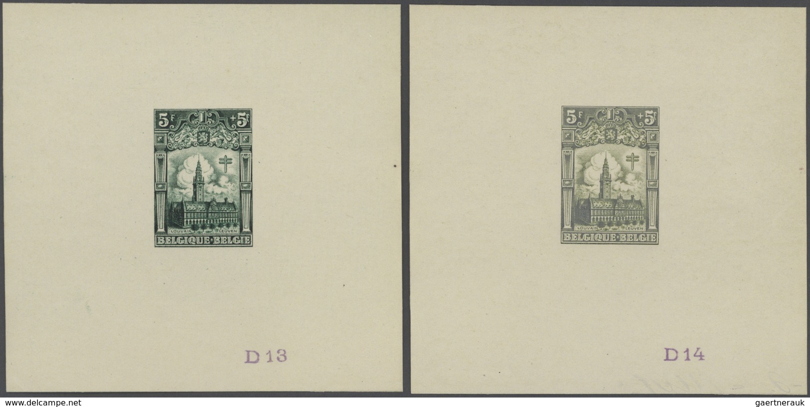 13392A Belgien: 1928, Tuberculosis Fighting, 5fr.+5fr. Leuven's University Library, Set Of 20 Single Die Pr - Autres & Non Classés