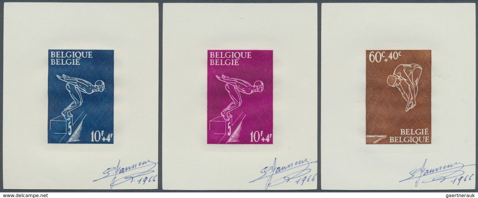 13415 Belgien: 1966, Three Proofs "Swimming Sport" On Paper Without Gum, Signed By The Designer - Sonstige & Ohne Zuordnung