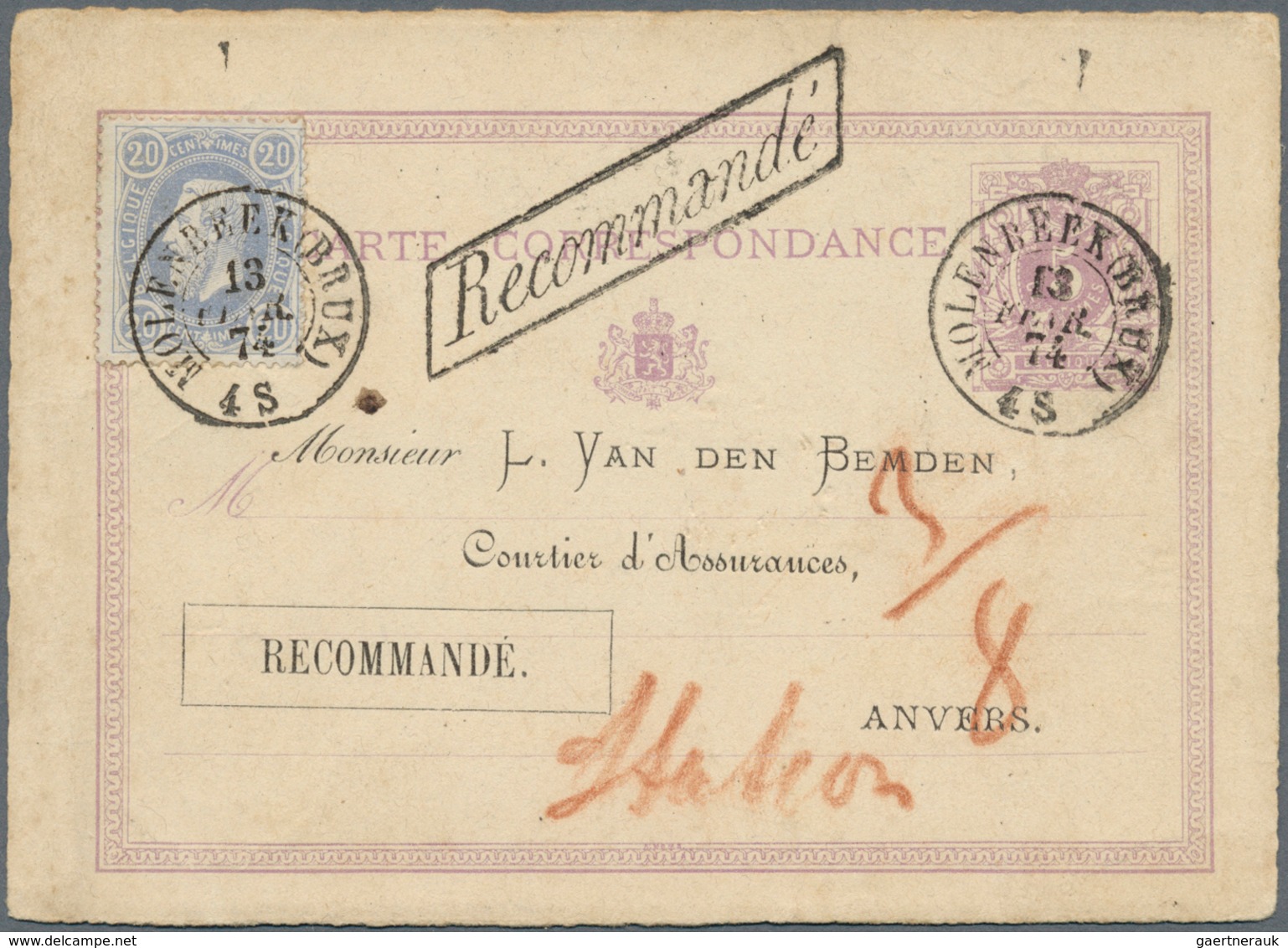 13425A Belgien - Ganzsachen: 1874, 5 C Lilac Psc With Preprinted Questionnaire And Address Of An Insurance - Sonstige & Ohne Zuordnung