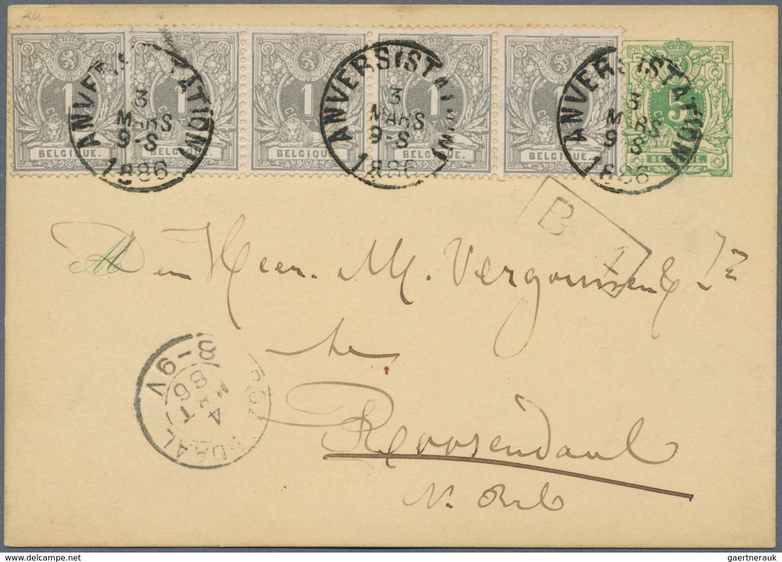 13426 Belgien - Ganzsachen: 1886, 5 C Green Postal Stationery Card, Uprated With 5 X 1 C Grey, Sent From A - Sonstige & Ohne Zuordnung