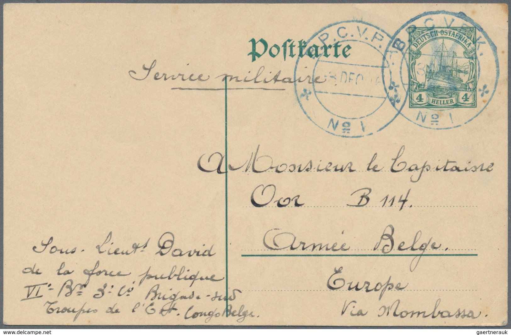 13434 Belgien - Besonderheiten: 1916, German East Africa Card 4 H. Used As Form Canc. Blue Belgian FPO Mar - Autres & Non Classés