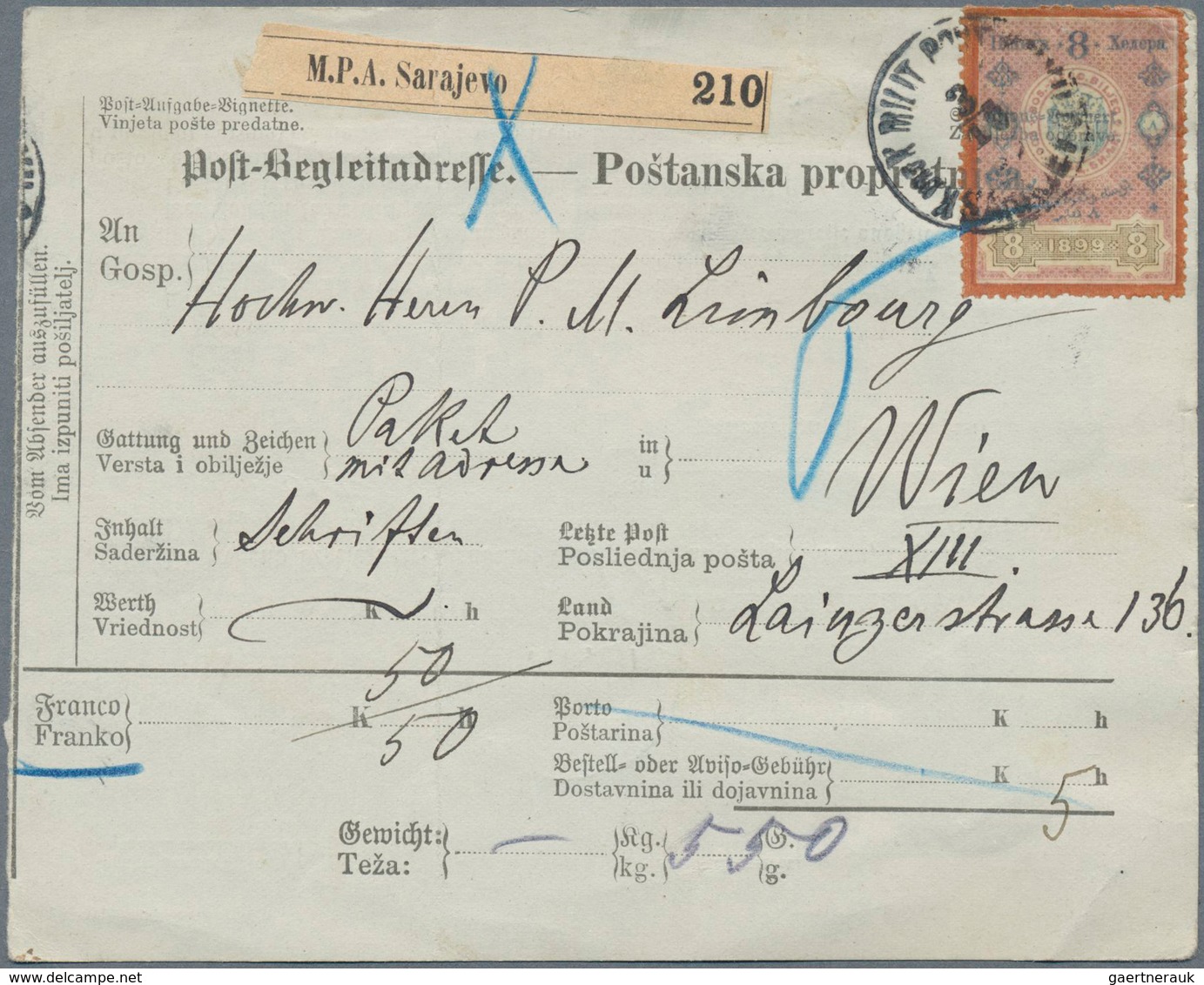 13438 Bosnien Und Herzegowina: 1900/1905, Two Post Escort Adresses From Sarajevo To Vienna And To Unterber - Bosnie-Herzegovine