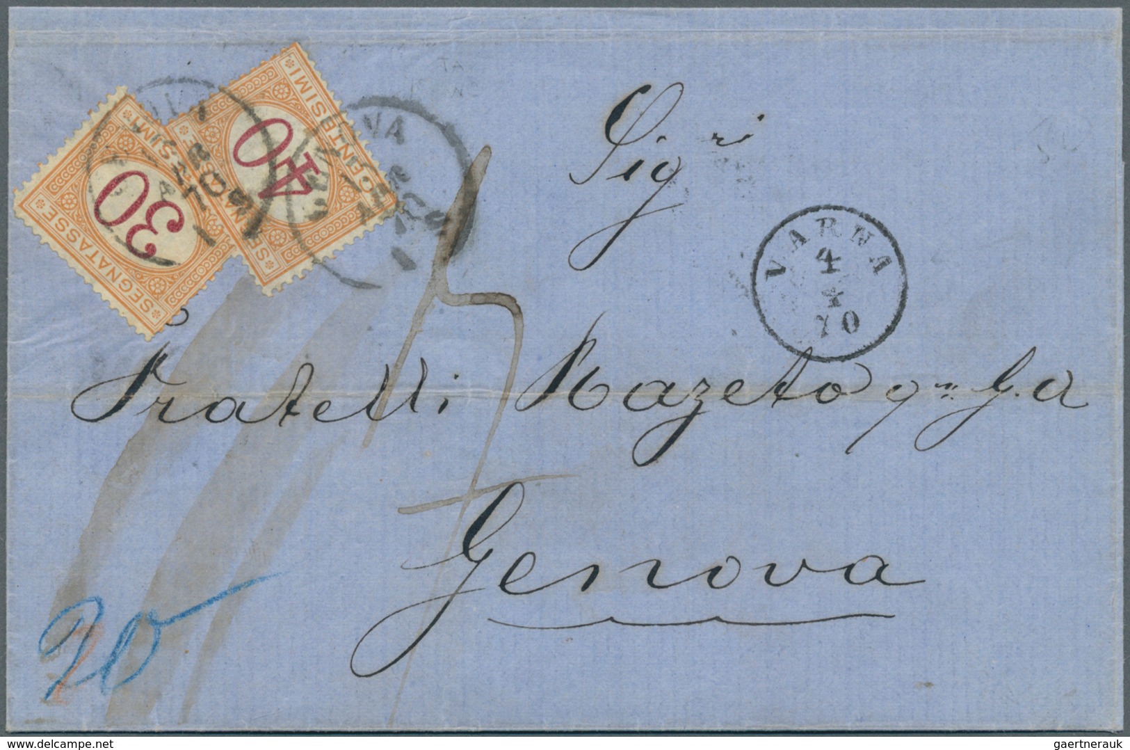 13452 Bulgarien: 1870, Mail From "VARNA" To Italy, Postage Dues 30c. Ocre/carmine And 40c. Ocre/carmine On - Lettres & Documents