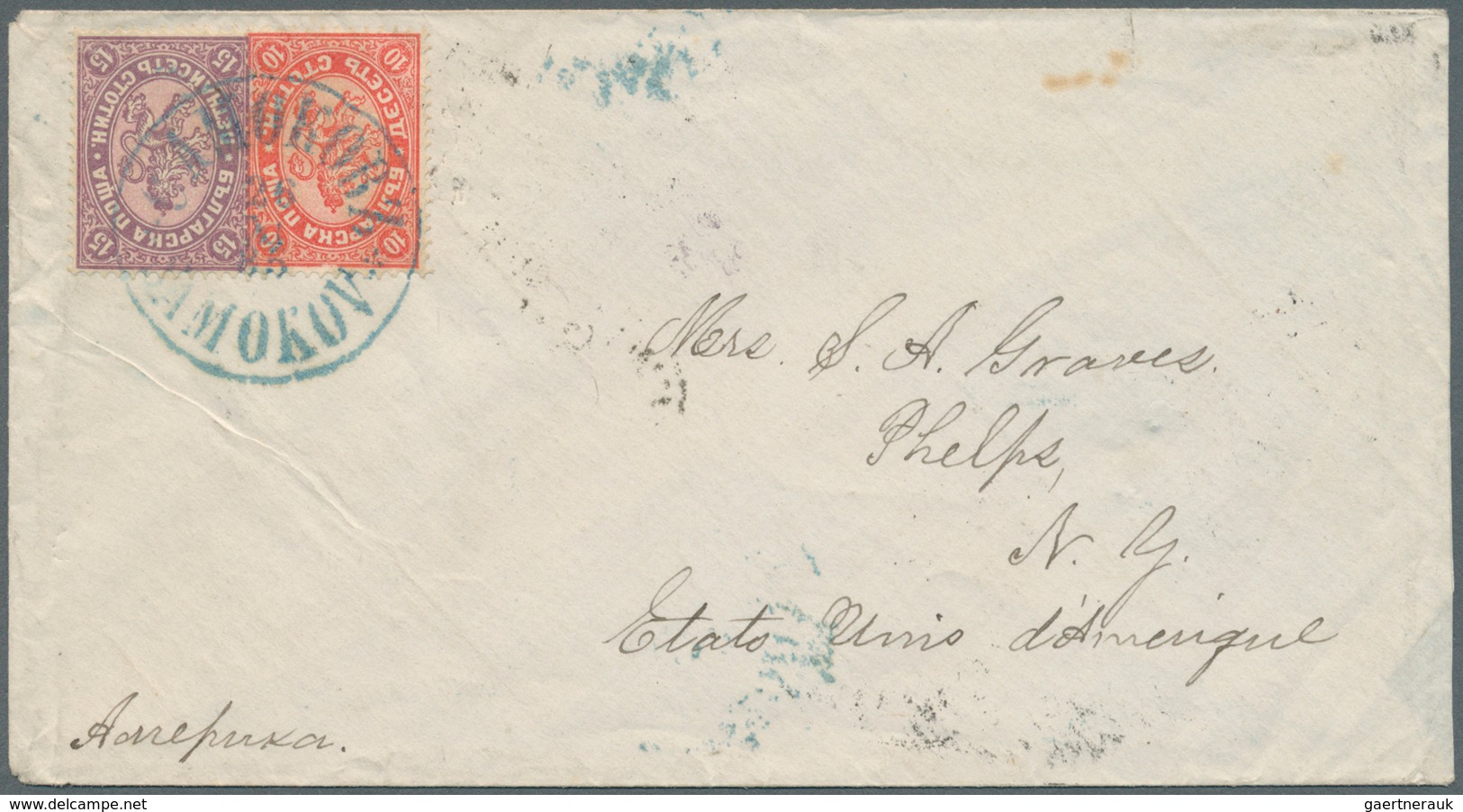 13457 Bulgarien: 1885, 10 St. Red And 15 St. Lila Tied Blue "SAMOKOV 26 XI 85" To Cover Via Sofia Same Day - Briefe U. Dokumente