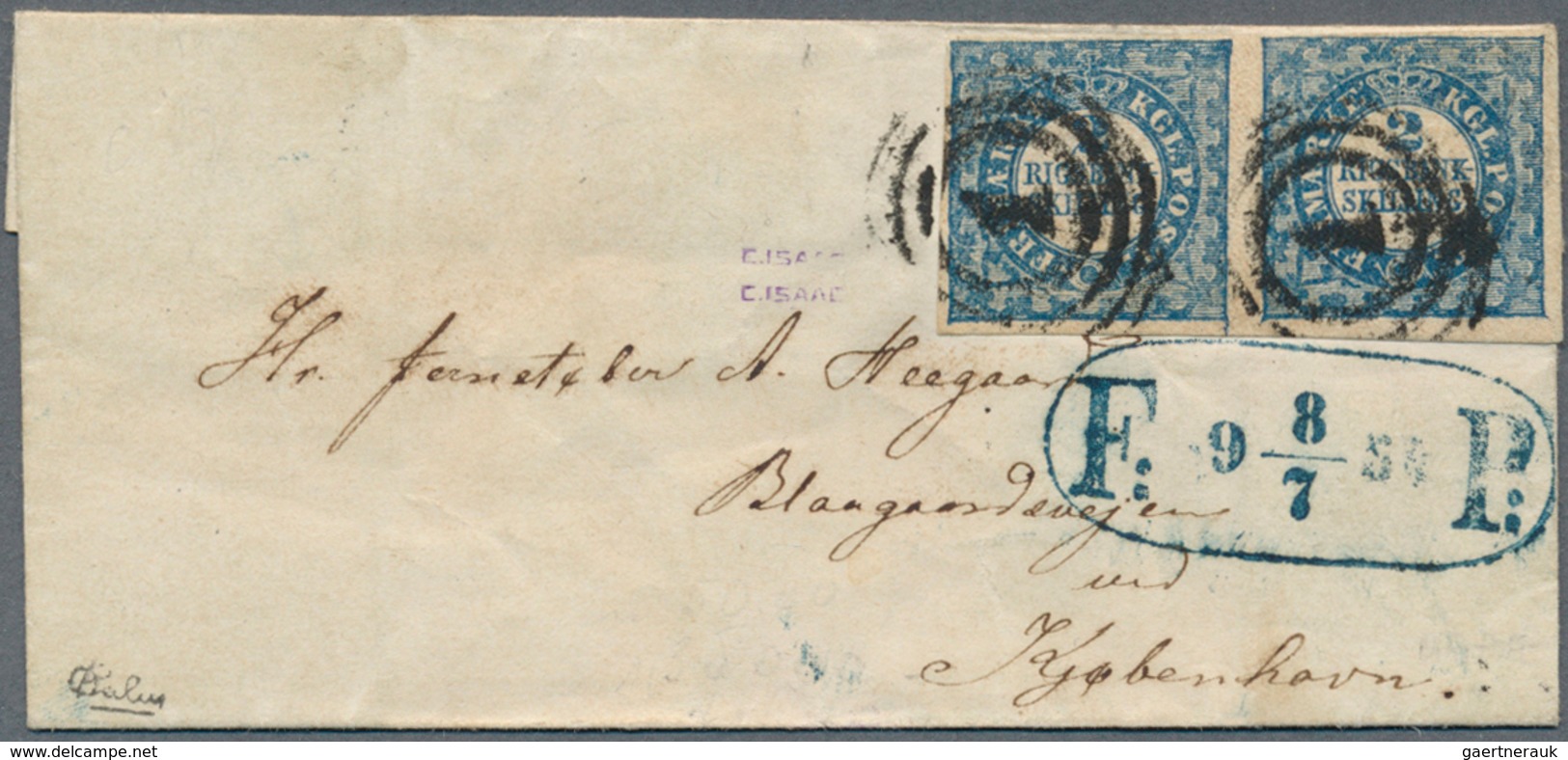 13479 Dänemark: 1851: 2 S Blau, Thiele-Druck Mit Plattenfehler "2 Mit Geschweiftem Spitzem Fußstrich", Im - Lettres & Documents