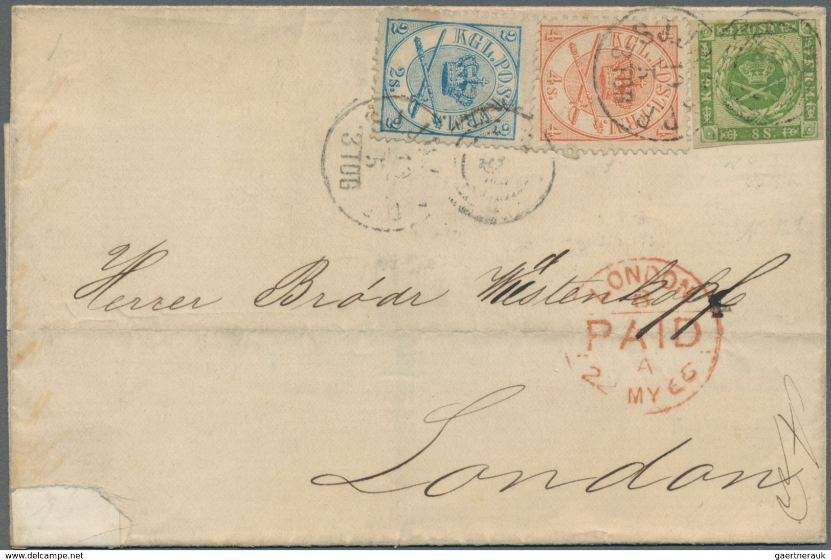 13483 Dänemark: 1866, Brief Mit Frankatur In Seltener Kombintion, Mit 8 S. Grün Geschnitten Und Gezähnter - Briefe U. Dokumente