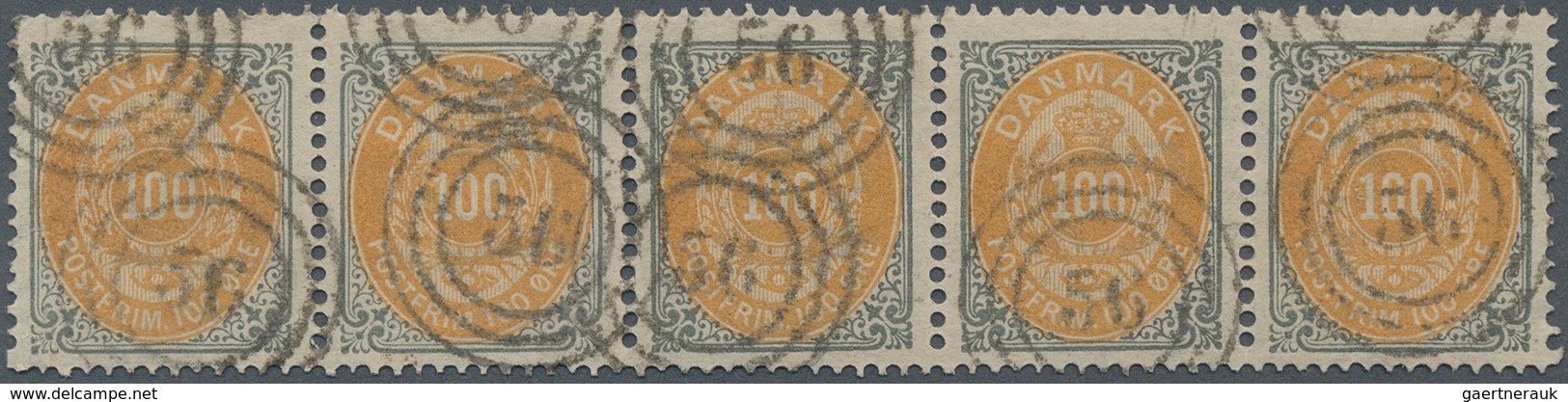 13489 Dänemark: 1877, 100 Öre Yellow And Grey, First Printing, Horizontal Strip Of Five, Neatly Cancelled - Briefe U. Dokumente