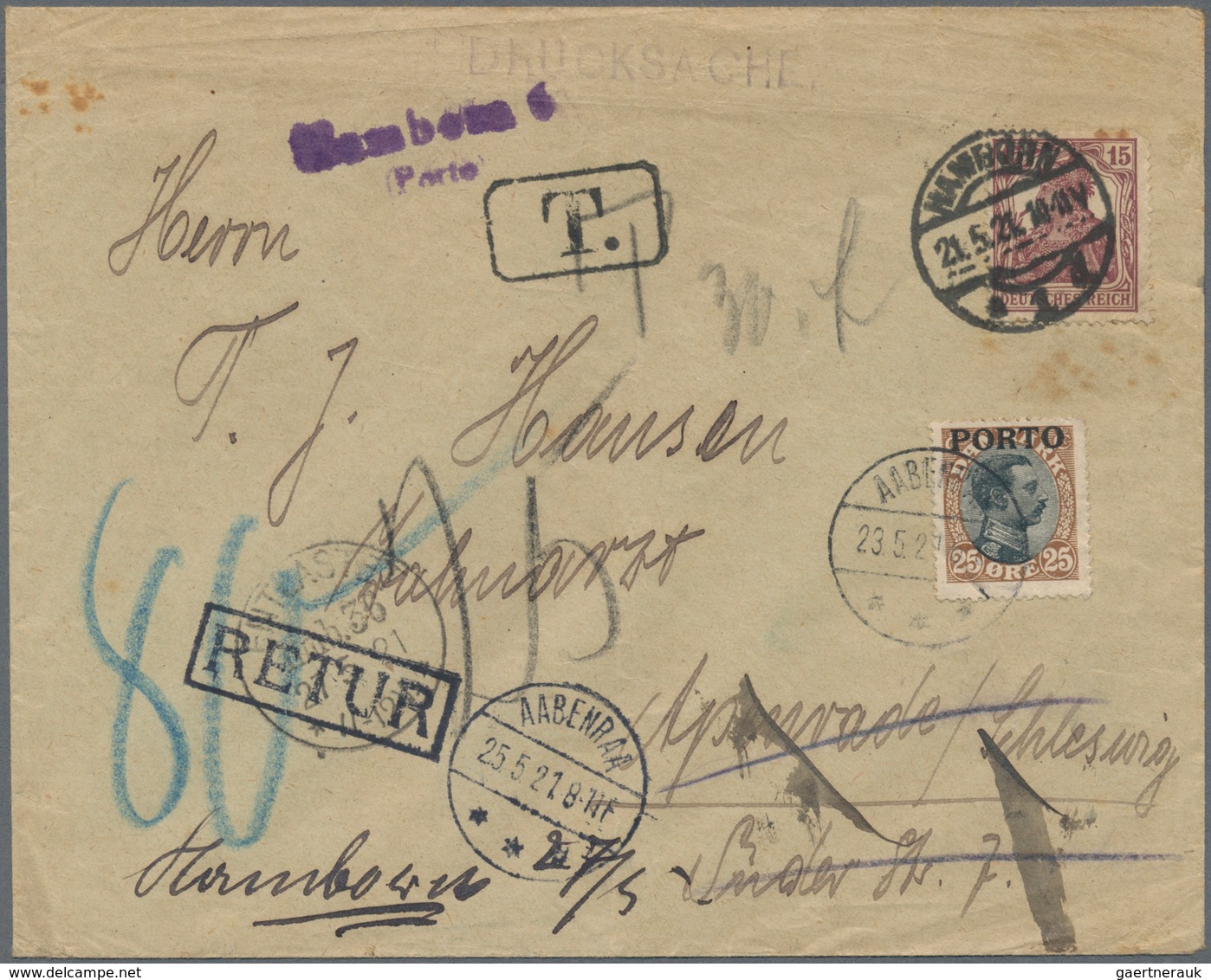 13494 Dänemark: Cover From Hannover To Schleswig With 25 Öre Postage Due And Retour 1921, Also Red Cross-C - Briefe U. Dokumente