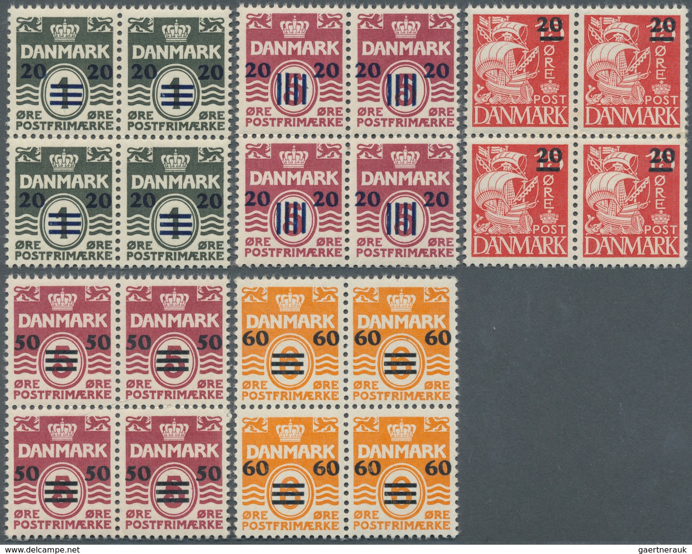 13496 Dänemark - Färöer: 1940/1941, Revaluation Overprints, Complete Set Of Five Values As Blocks Of Four - Féroé (Iles)