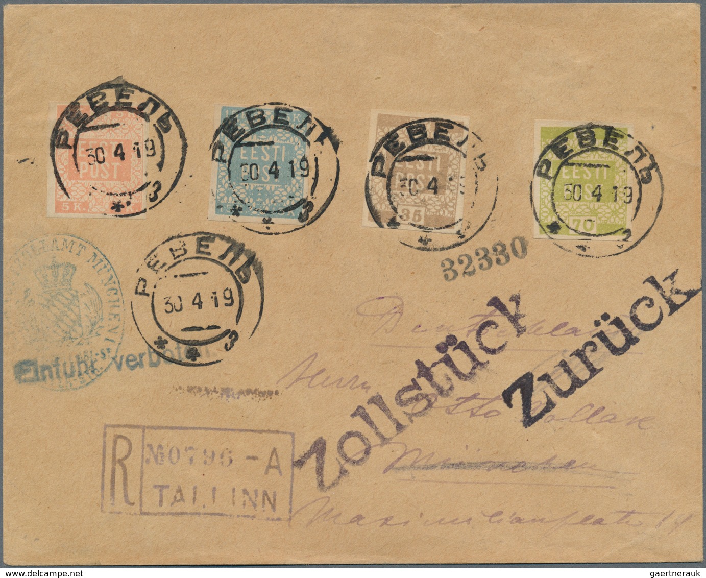 13505 Estland: 1919: Three Items 1) Registered Letter To München, Germany. 5 , 15, 25 And 70 Kop All Tied - Estland