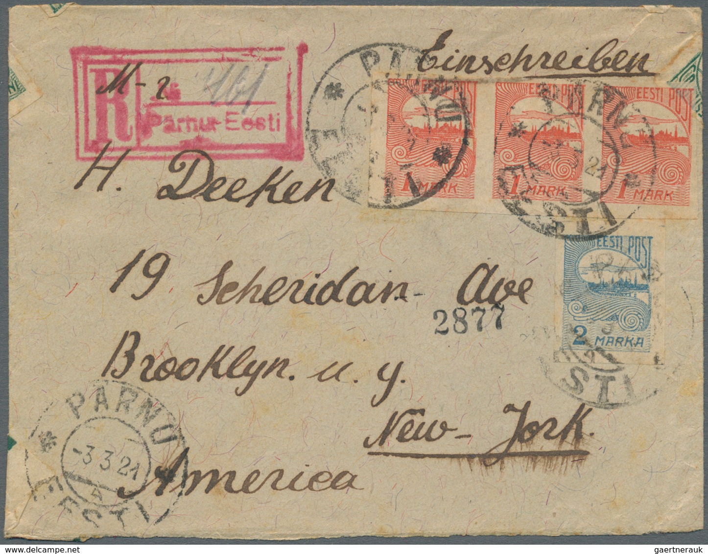 13508 Estland: 1920-21 Three Registered Covers To Brooklyn, N.Y., U.S.A. Franked With 'Reval' Definitives, - Estland