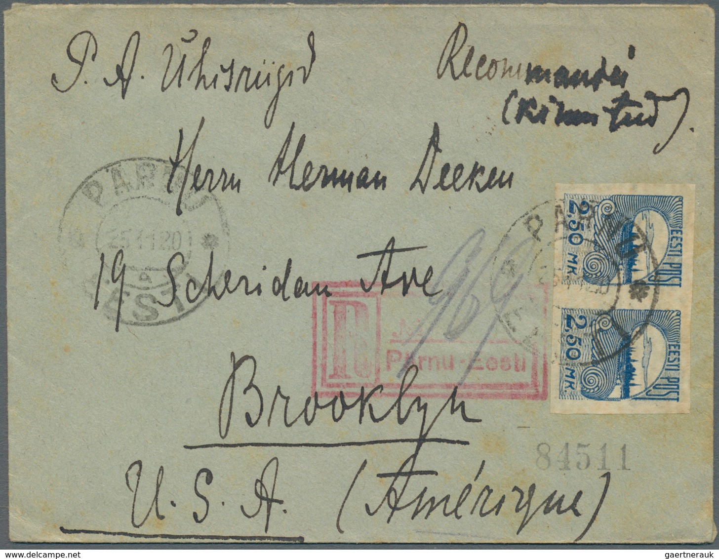 13508 Estland: 1920-21 Three Registered Covers To Brooklyn, N.Y., U.S.A. Franked With 'Reval' Definitives, - Estland