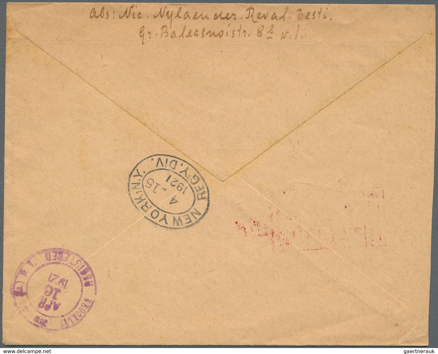 13508 Estland: 1920-21 Three Registered Covers To Brooklyn, N.Y., U.S.A. Franked With 'Reval' Definitives, - Estland