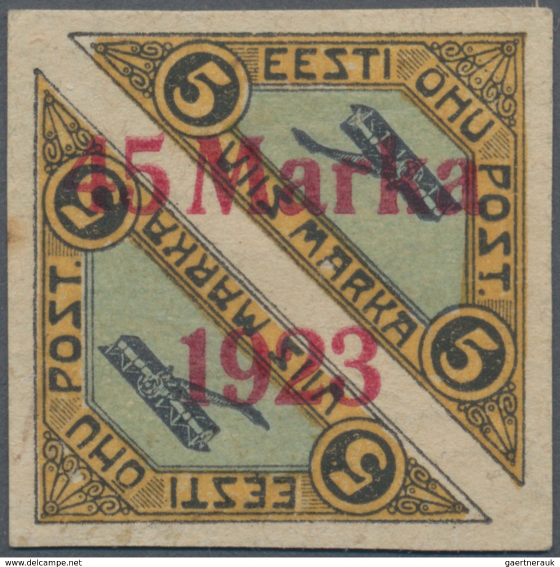 13510 Estland: 1923, Airmail 45 M. On 5 M. Imperforated With Overprint "distance Between 5 And Marka 1,00 - Estonie