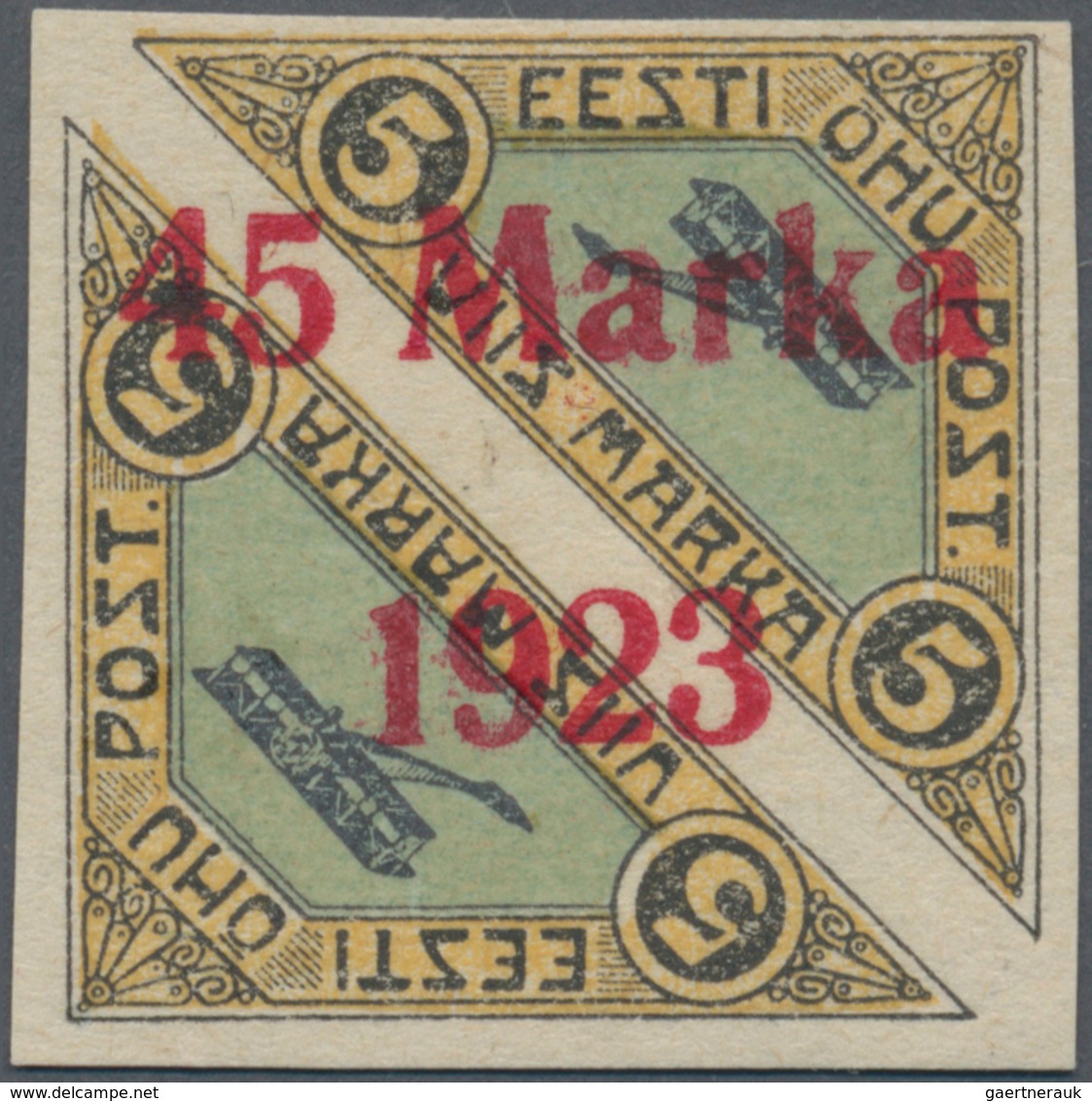 13511 Estland: 1923, Airmail 45 M. On 5 M. Imperforated With Overprint "distance Between 5 And Marka 1,75 - Estonie