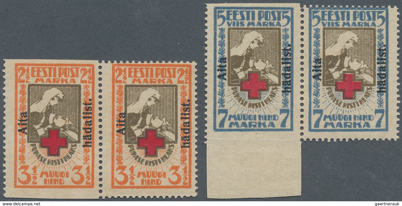 13513 Estland: 1923, 2 M. Waagerechtes "Rotes Kreuz" Paar Mit Natürlicher Gummifreier Stelle, 5 M. Im Zusa - Estonie