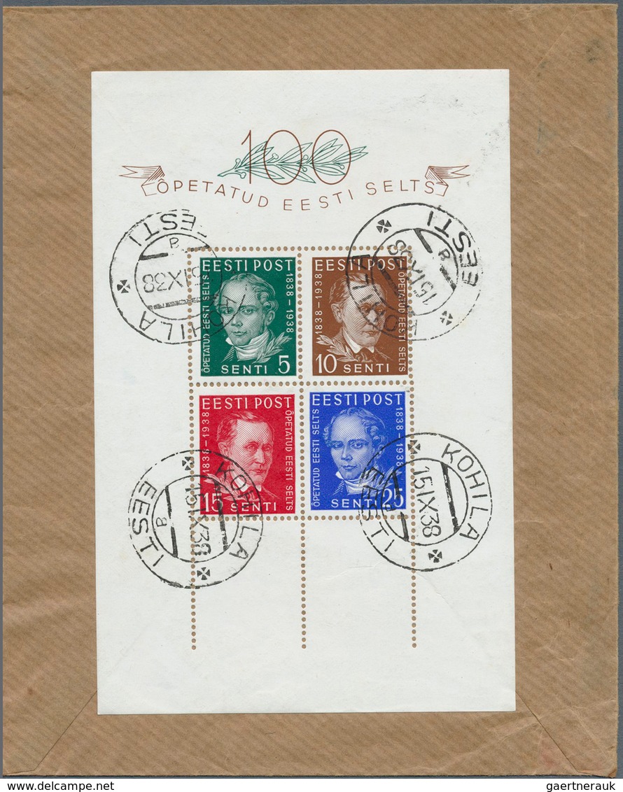 13522 Estland: 1938, Two Souvenir Sheets: Ühisabi (coat Of Arms) On Reverse Of Envelope Oblit. "TALLINN V - Estland