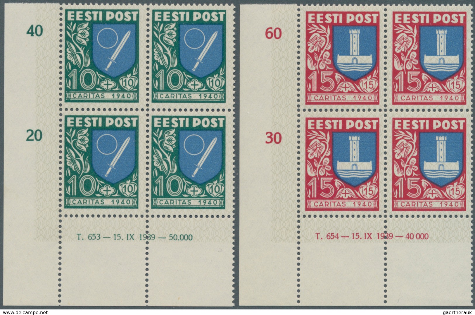 13524 Estland: 1939, "Gemeinschaftshilfe / Wappen Der Kreise" Im Kompletten Satz Als Postfrische Viererblo - Estonie