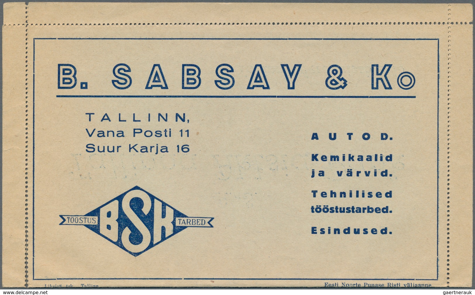 13528 Estland - Ganzsachen: 1937, Estland, Letter Card 10s. Blue With Private Advertisement Imprints "seer - Estonie