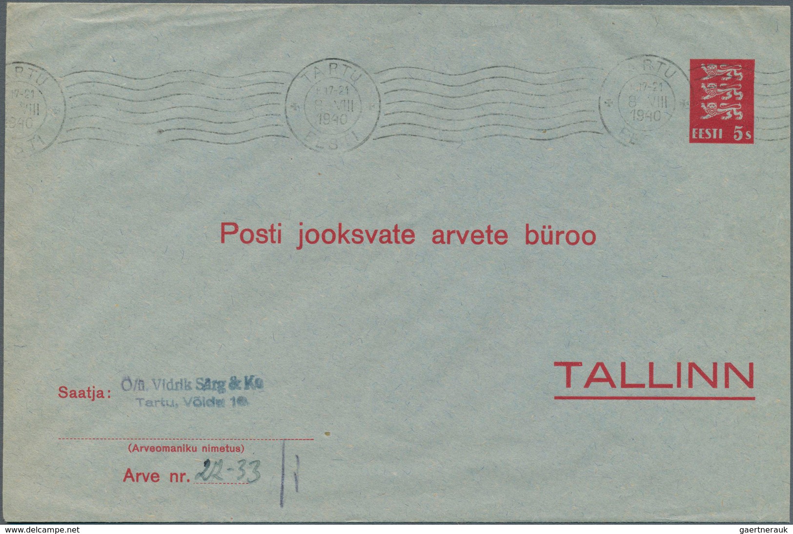 13529 Estland - Ganzsachen: 1940, 5s. Red, Stationey Envelope Used "TARTU 8 VIII 1940". Mi. 220,- ?. - Estonie