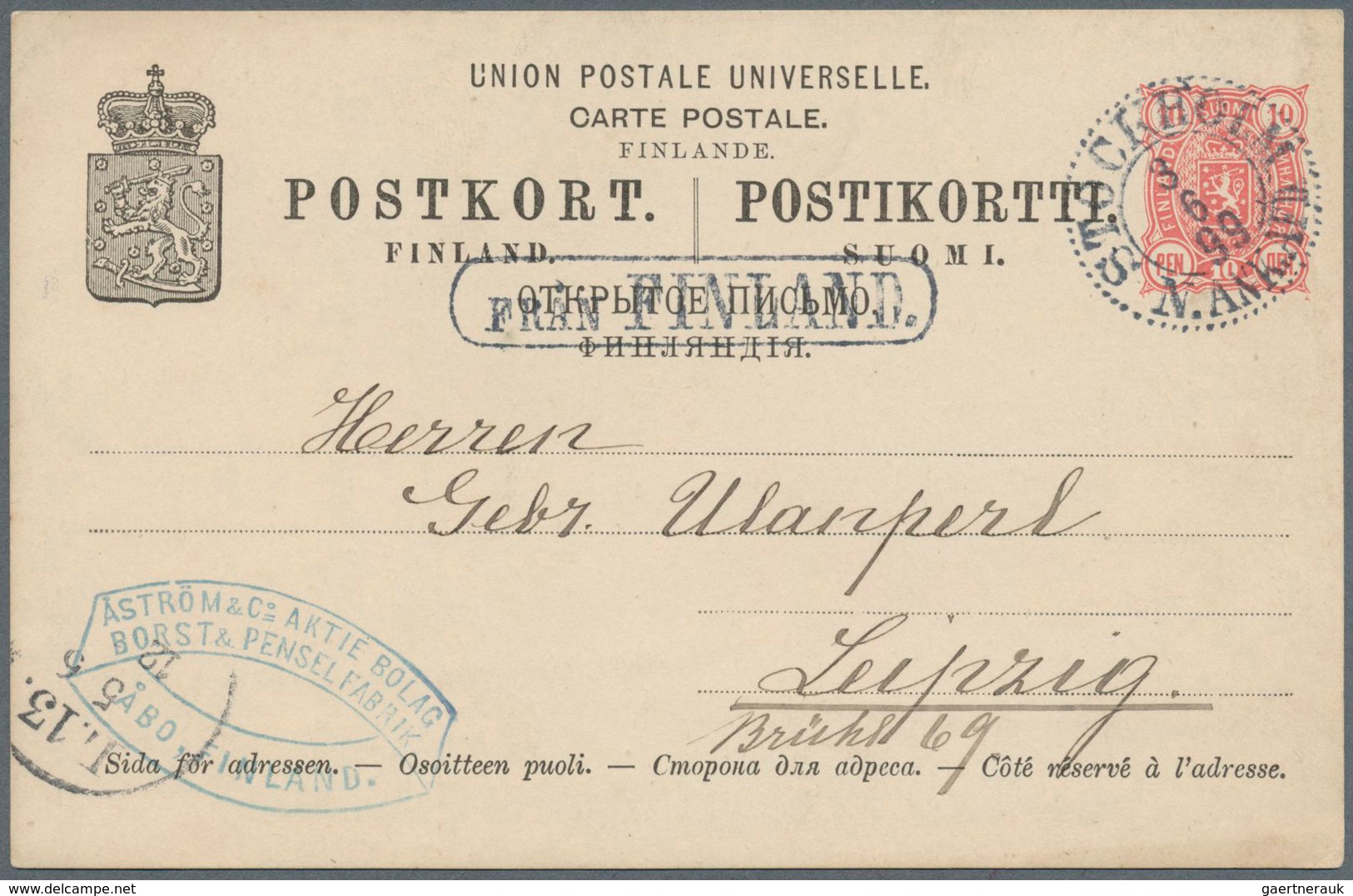 13543 Finnland - Ganzsachen: 1899, 10 P Rose Postal Stationery Card, Sent From Abo With Boxed Maritime Can - Entiers Postaux