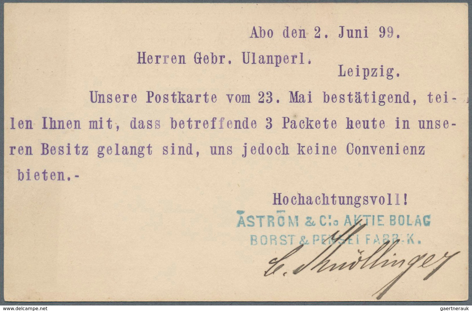 13543 Finnland - Ganzsachen: 1899, 10 P Rose Postal Stationery Card, Sent From Abo With Boxed Maritime Can - Entiers Postaux