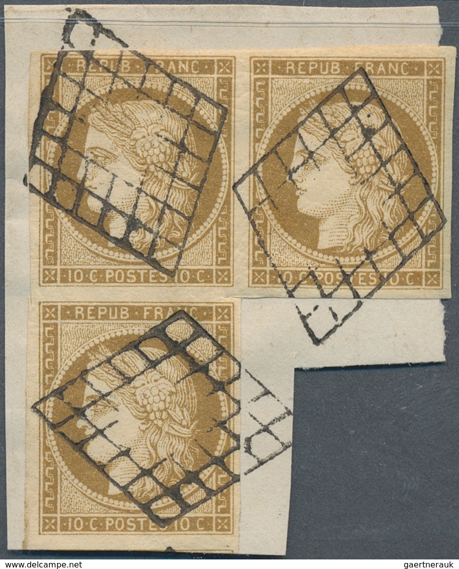 13553 Frankreich: 1849, 10 C Olive-brown Ceres, L-shaped Block Of 3 On Piece, Good, Mostly Large Margins A - Gebraucht